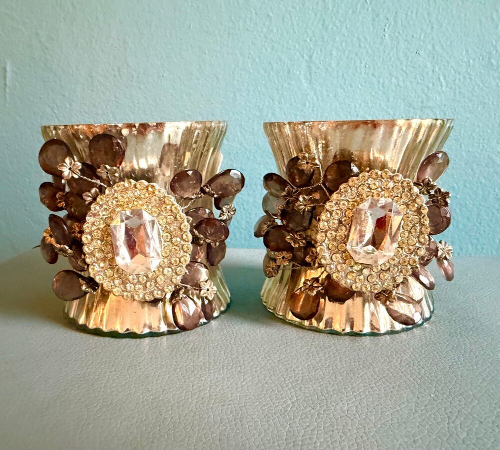 Pair Mercury Glass Votive Candle Holders Rhinestone Jewel Cuff Silver 2pc